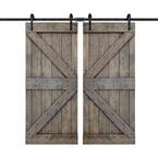 K Series 72 in. x 84 in. Smoky Grey DIY Finished Knotty Pine Wood Double Sliding Barn Door with Hardware Kit