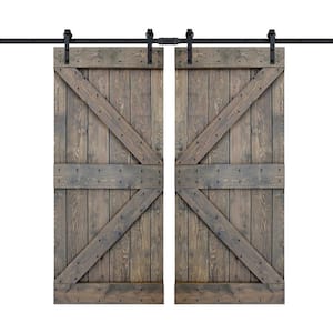 K Series 72 in. x 84 in. Smoky Grey DIY Finished Knotty Pine Wood Double Sliding Barn Door with Hardware Kit