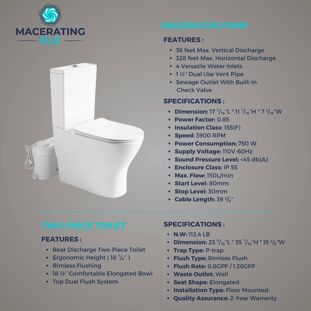 White Ceramic Two-Piece Elongated Macerating Toilet System