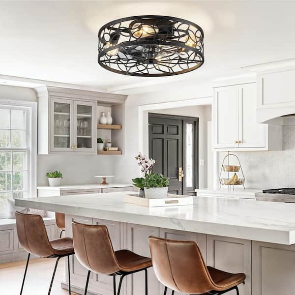 18 in. Indoor Black Low Profile Flush Mount Caged Ceiling Fan with Remote