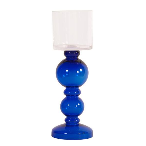 Unbranded Short Cobalt Blue Hand-blown Candleholder with Clear Hurricane Top