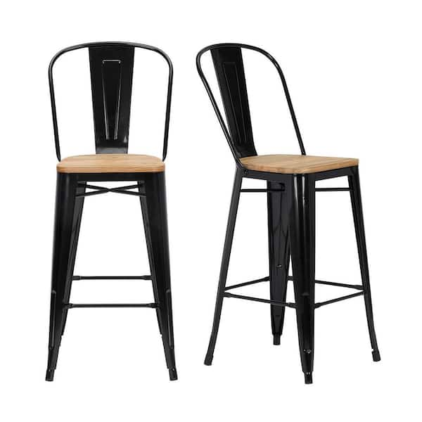 Stylewell Finwick Black Metal Bar Stool With Back And Wood Seat Set Of 2 17 72 In W X 43 9 In H Cw827 29 Blk The Home Depot