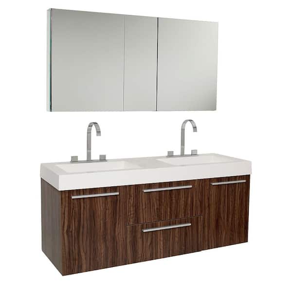 Fresca Opulento 54 in. Double Vanity in Walnut with Acrylic Vanity Top in White with White Basins and Mirrored Medicine Cabinet
