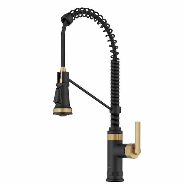Allyn Commercial Style Single Handle Pull Down Sprayer Kitchen Faucet in Spot-Free Brushed Brass / Matte Black