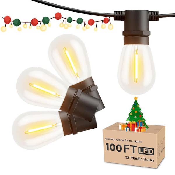 E12 Dimmable 33-Light 100 ft. Indoor/Outdoor Plug-In LED Edison String-Light Waterproof Connectable Hanging Lights
