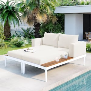 Modern Metal Outdoor Day Bed with Wood Topped Side Spaces for Drinks, 2 in 1 Padded Chaise Lounges with Cushions, Beige