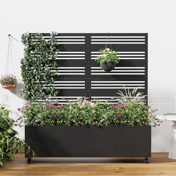 47 in. x 47 in. Black Outdoor Metal Privacy Screen Raised Planter Box Wall Decor