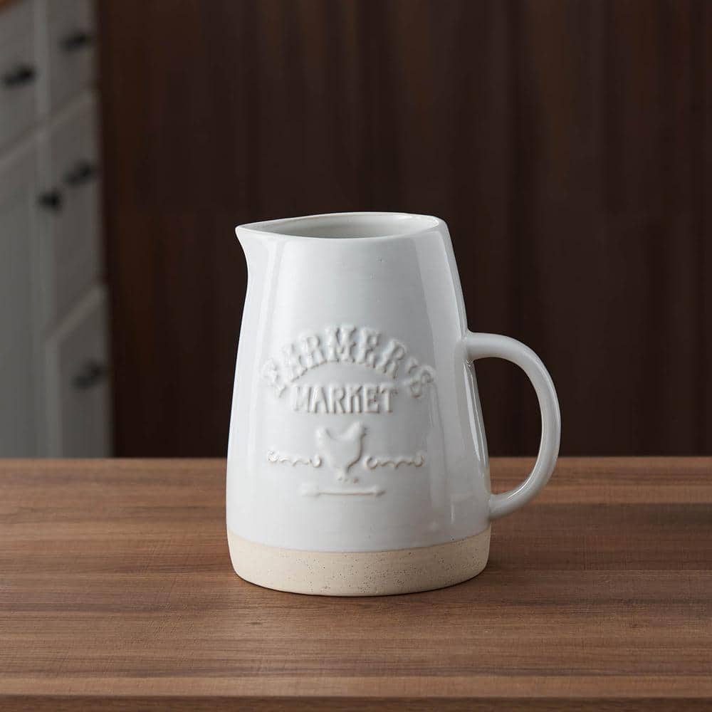 Farmers Market Embossed White Ceramic Tapered Decorative Pitcher Vase