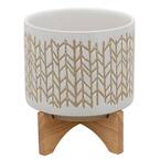 9 in. Large Off White Chevron Pattern and Wooden Stand Planter