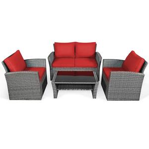 4-Pieces Wicker Patio Conversation Set with Red Cushions