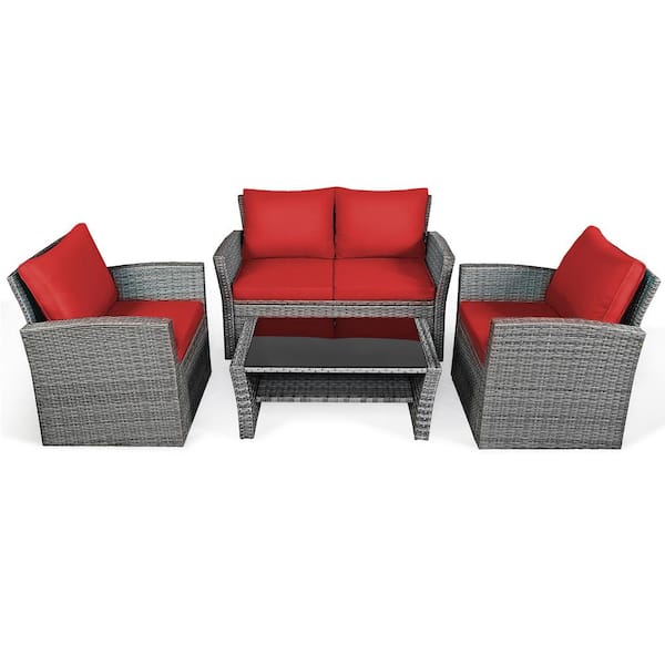 Costway 4-Pieces Wicker Patio Conversation Set with Red Cushions
