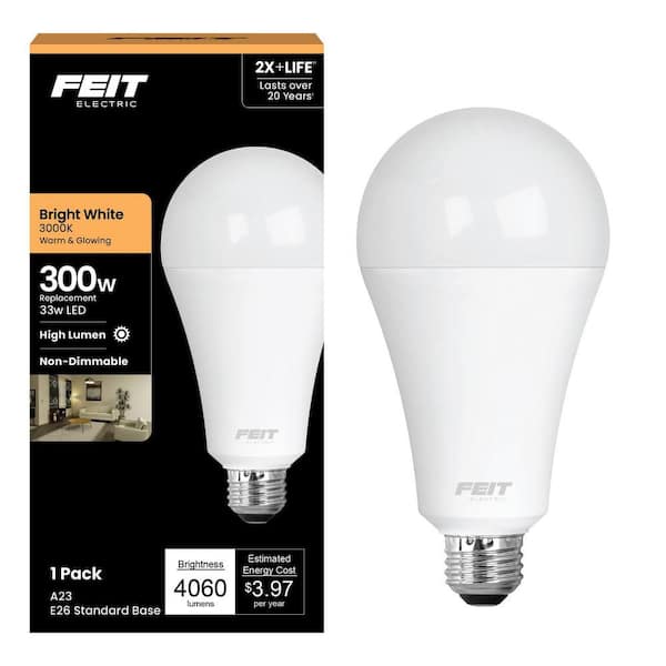 300-Watt Equivalent A23 Non-Dimmable High Brightness Frosted E26 Medium Base LED Light Bulb Bright White 3000K (1-Pack)