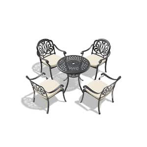 5-Piece Cast Aluminum Outdoor Dining Set Rust-Proof Patio Round Table Dining Chairs with Random Colors Seat Cushions