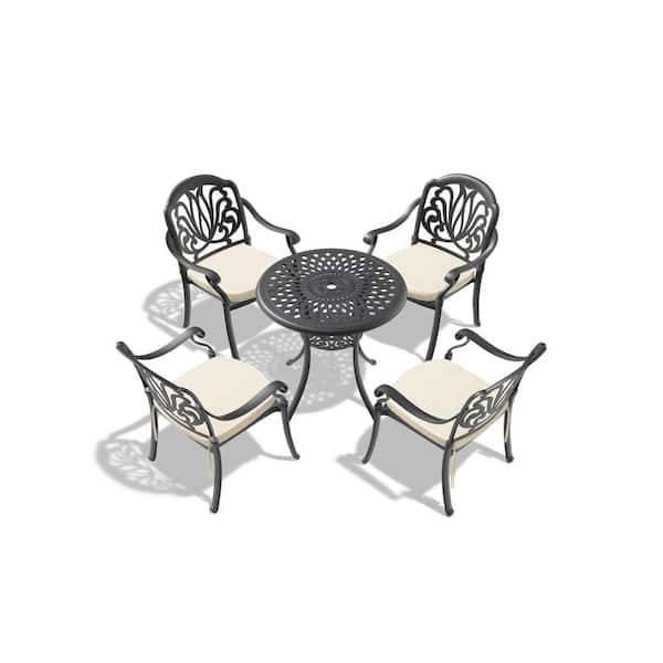 Anvil 5-Piece Cast Aluminum Outdoor Dining Set Rust-Proof Patio Round Table Dining Chairs with Random Colors Seat Cushions