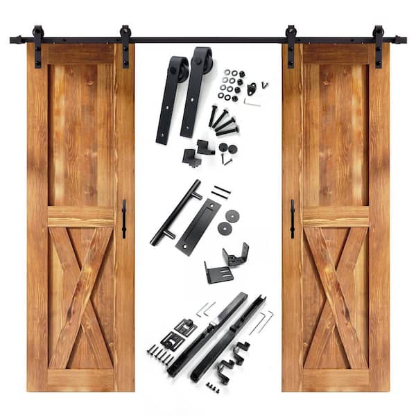 HOMACER 24 in. x 84 in. X-Frame Early American Double Pine Wood Interior Sliding Barn Door with Hardware Kit Non-Bypass