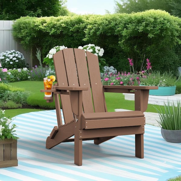 JEAREY Classic Brown Folding Plastic Adirondack Chairs with 2-Cup Holders-Weather Resistant Patio Outdoor Chair (Set of 1)