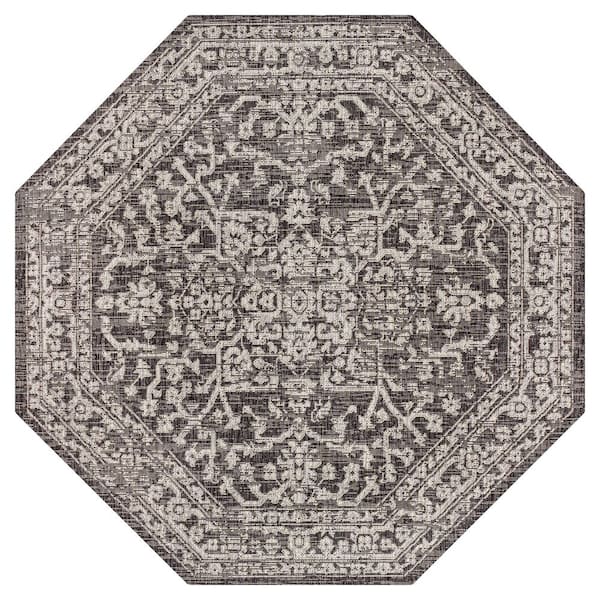 Malta Bohemian Medallion Textured Weave Black/Gray 5 ft. Octagon Indoor/Outdoor Area Rug