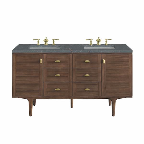 James Martin Vanities Amberly 60.0 in. W x 23.5 in. D x 34.7 in. H Double Bathroom Vanity in Mid-Century Walnut with Parisien Bleu Quartz Top