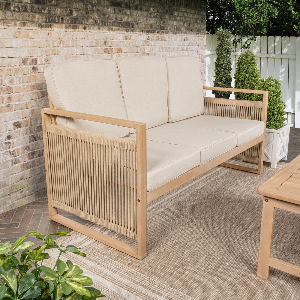 Gable Beige and Light Teak Roped Acacia Wood Outdoor Sofa with Cushions