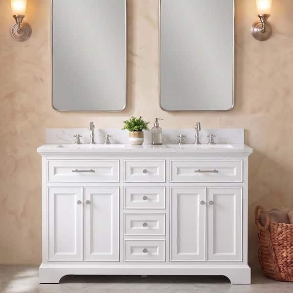 Thompson 54 in. Double Sink Freestanding Bathroom Vanity in White with Carrara White Engineered Stone Top