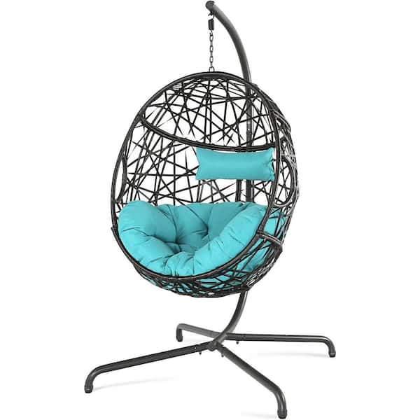 Outdoor Egg Chair PE Wicker Freestanding Porch Swings Hanging with Blue Cushion Hammock Basket Chair with Stand