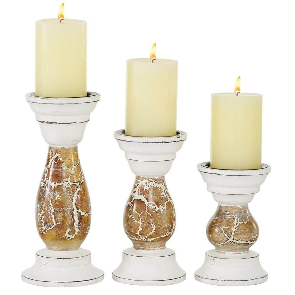 Beige Mango Wood 3-Piece Candelabra Set