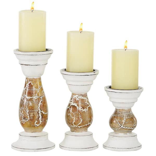 Litton Lane Beige Wood Candle Holder (Set of 3)