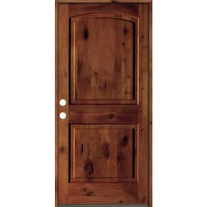 36 in. x 80 in. Rustic Knotty Alder Arch Top Red Chestnut Stain Right-Hand Inswing Wood Single Prehung Front Door