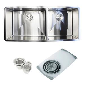 Undermount 16-Gauge Stainless Steel 42x19x10 in. 60/40 Double Bowl Kitchen Sink w/ Cutting Board Colander and Strainer