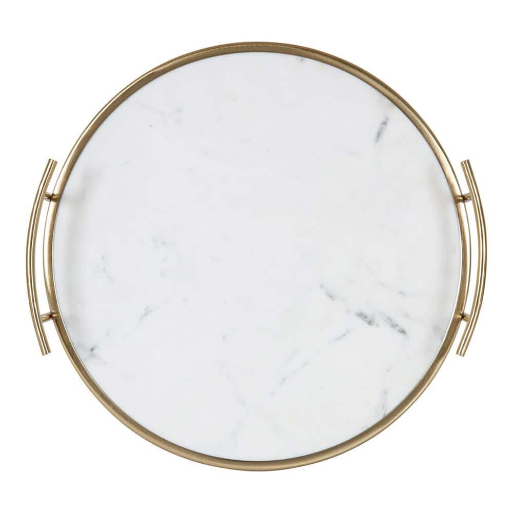 White Marble and Gold Round Metal Tray with Handles