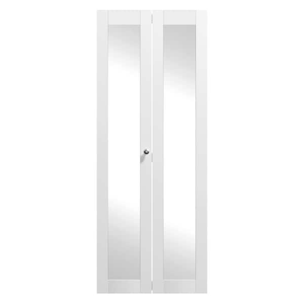 30 in. x 80 in. White, MDF, 1 Mirror Glass Panel Bi-Fold Interior Door for Closet, with Hardware Kits