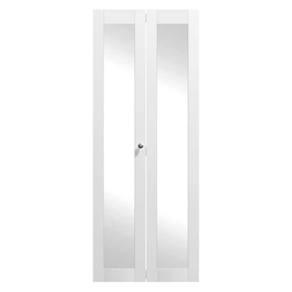 TENONER 30 in. x 80 in. White, MDF, 1 Mirror Glass Panel Bi-Fold Interior Door for Closet, with Hardware Kits