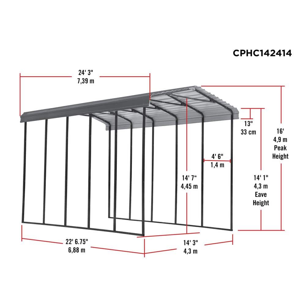 Charcoal Galvanized Steel Peak Roof Carport Kit, 14' x 24'