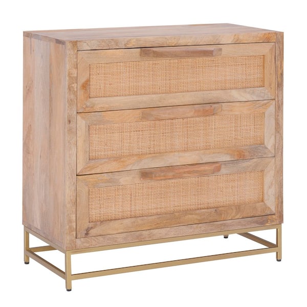 Casper Natural Rattan Cabinet with Three Drawers and Gold Legs
