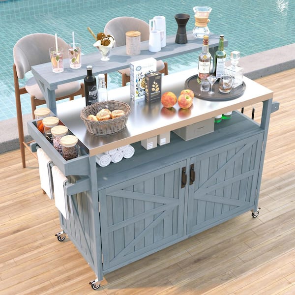 Gray Blue Solid Wood 53.3 in. Kitchen Island with Stainless Steel Top, Raised Shelf, Storage Cabinet, Outdoor Available