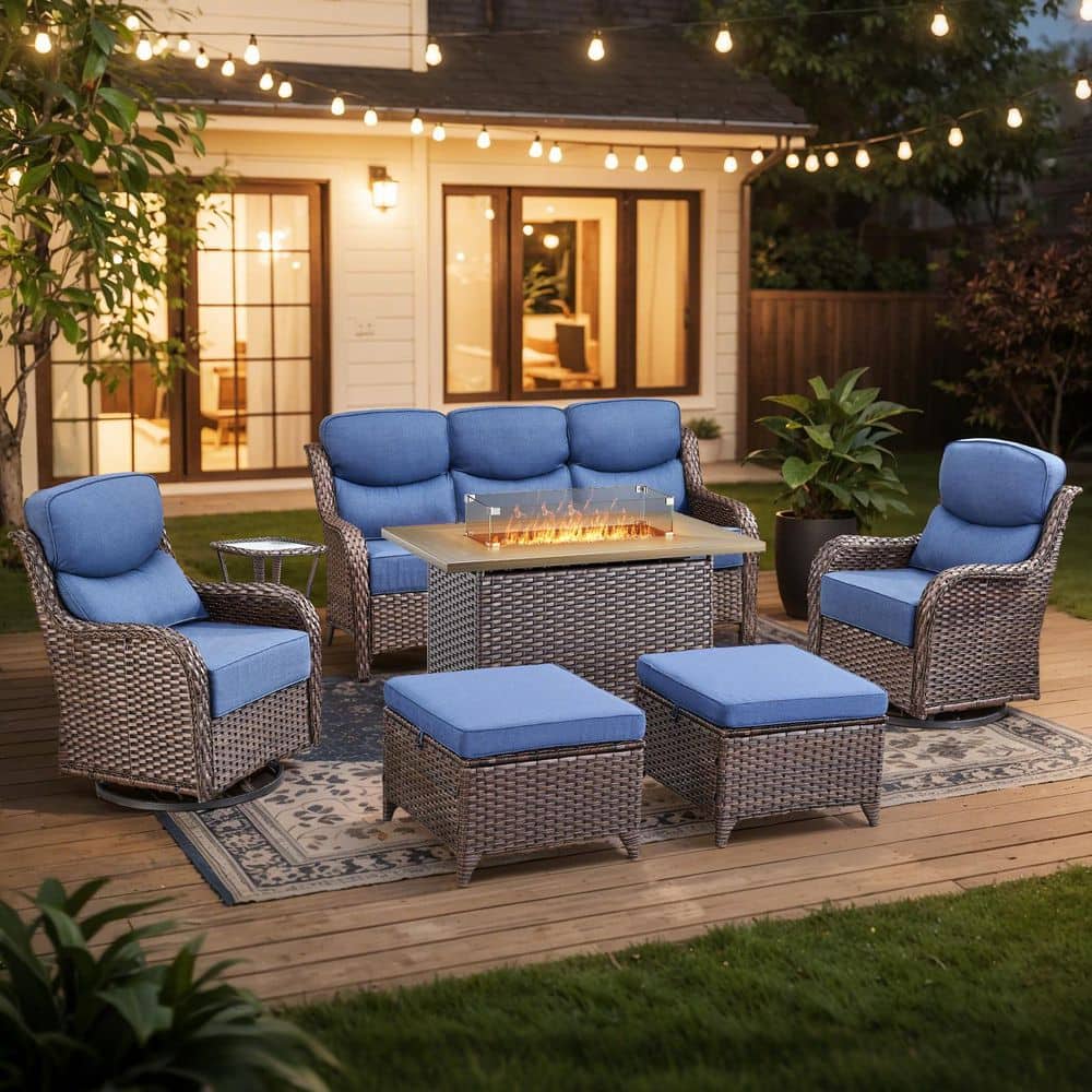 Holion 7-Piece Brown Wicker Outdoor Patio Fire Pit Conversation Seating Sofa Sets with Rocking Chairs and Blue Cushions price history on PriceWatchPro