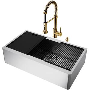 Oxford 36" Single Bowl Workstation Undermount Stainless Steel Farmhouse Sink with Ledge and Faucet in Matte Gold