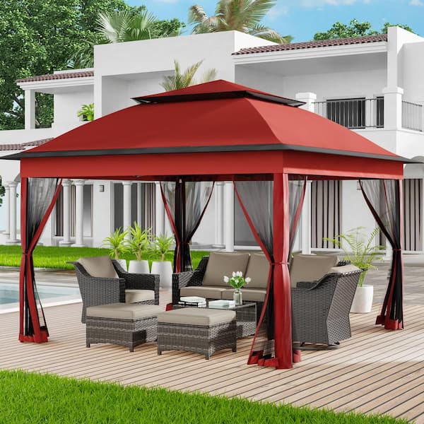 Gardenbee Red Portable Steel Pop-Up Gazebo with Mosquito Netting 11 ft. x 11 ft.