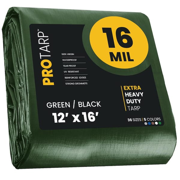 PROTARP 12 ft. x 16 ft. Green/Black 16 Mil Heavy Duty Polyethylene Tarp, Waterproof, UV Resistant, Rip and Tear Proof