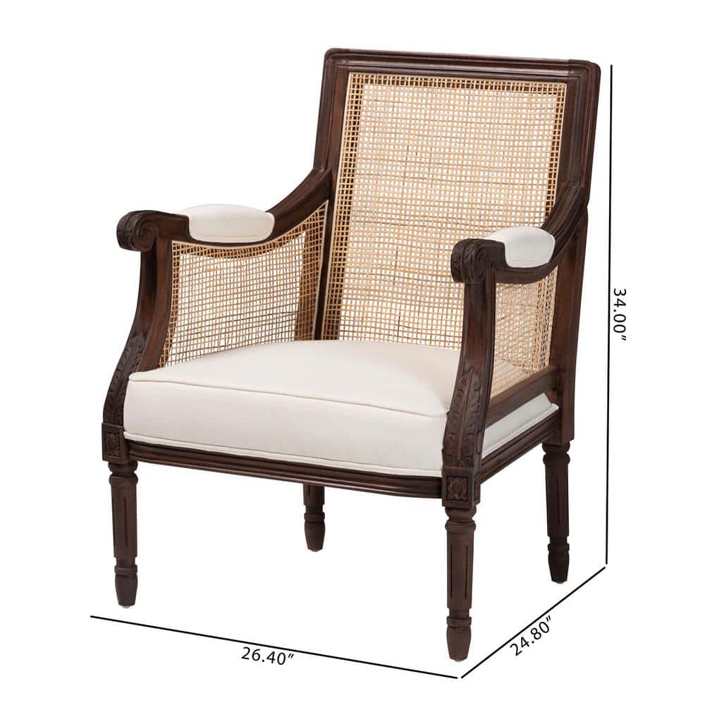 French Provincial Dark Brown Wood and Beige Fabric Accent Chair