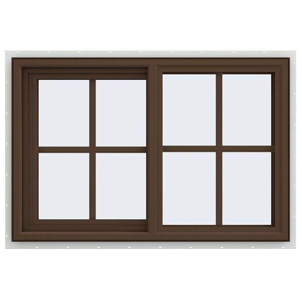 JELD-WEN 35.5 in. x 23.5 in. V-4500 Series Brown Painted Vinyl Left-Handed Sliding Window with Colonial Grids/Grilles