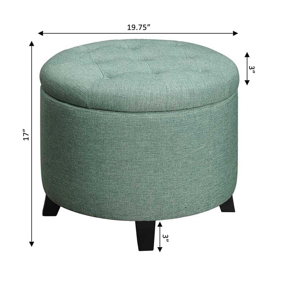 Green Tufted Round Storage Ottoman with Rubberwood Legs