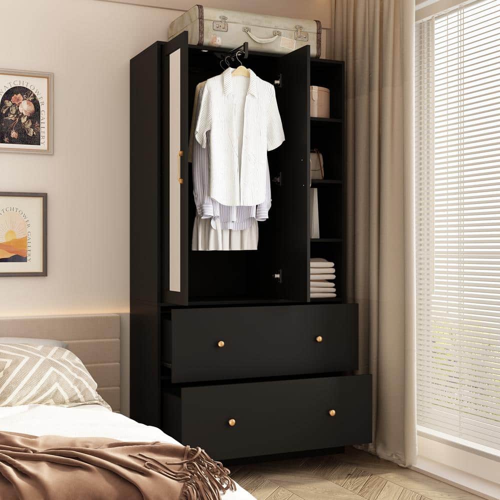 White Wood 35.5 in. W Armoires Wardrobe With Mirror, Pulling Hanging Rod, Drawers, Shelves 15.8 in. D x 70.8 in. H - thumbnail 4