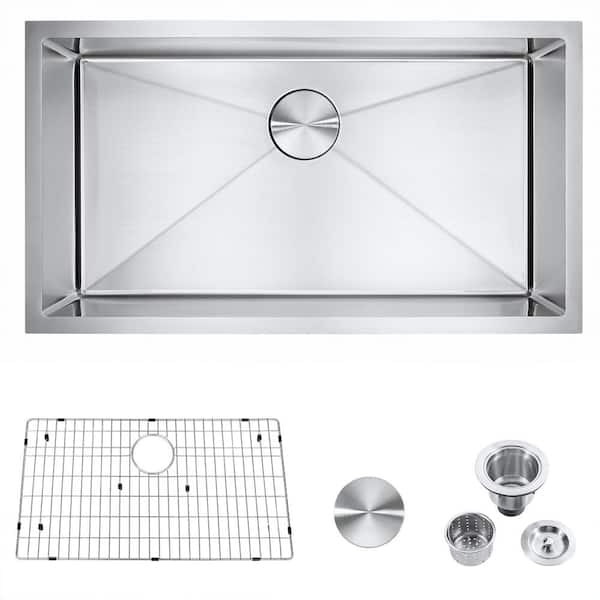 Unbranded Brushed Nickel Stainless Steel 32 in. x 18 in. Single Bowl Undermount Kitchen Sink with Bottom Grid