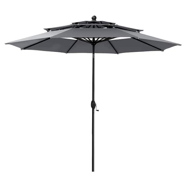 10 ft. 3-Tier Patio Market Umbrella with Solar LED Lights AutoTilt and Crank in Gray