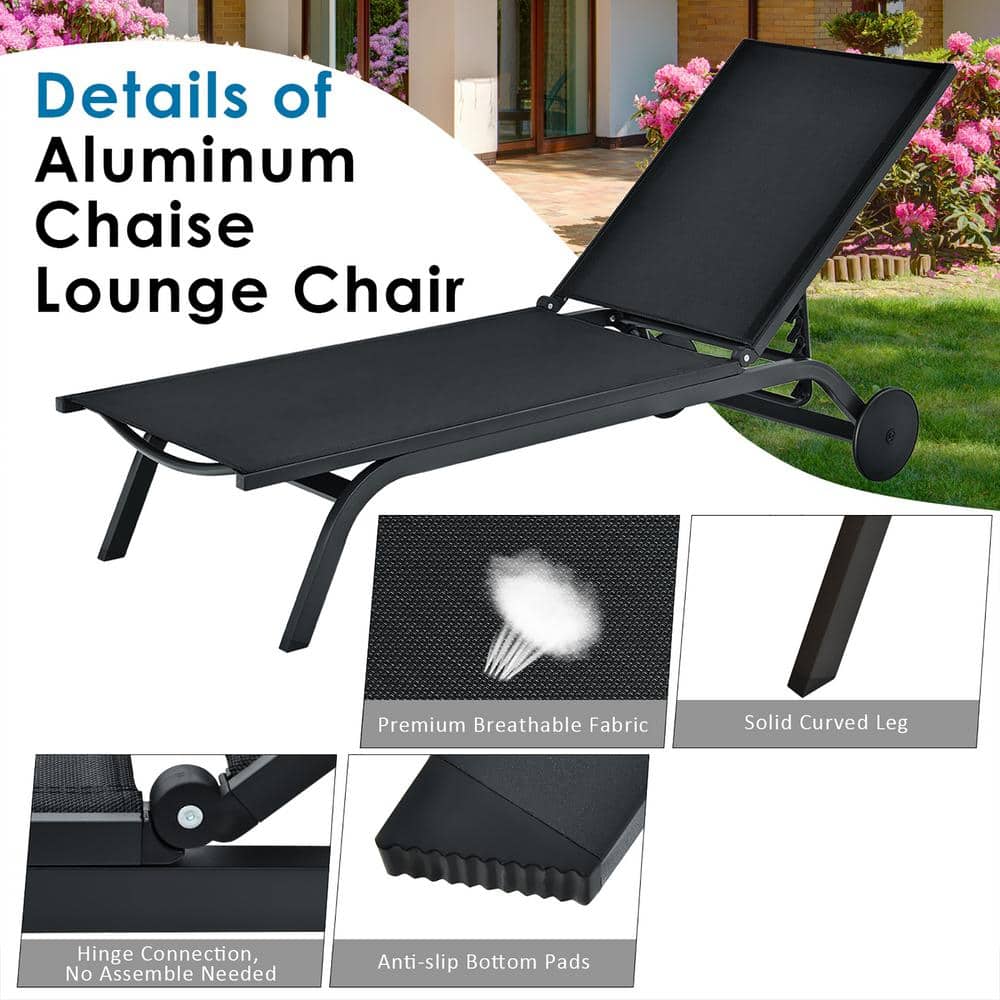 Sleek Black Aluminum Outdoor Chaise Lounge with Adjustable Backrest