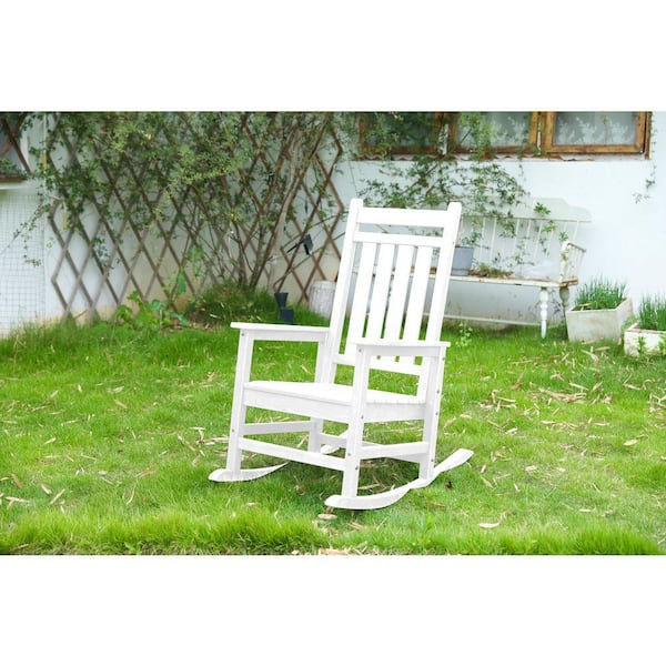 White Rocker Bench Tenleaf Oversized White with Wood-Texture HDPE Outdoor Rocking Chair ...