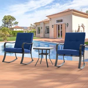 3-Piece Patio Bistro Set Steel Frame Rocking Chair With Sponge Blue Cushions and Tempered glass table