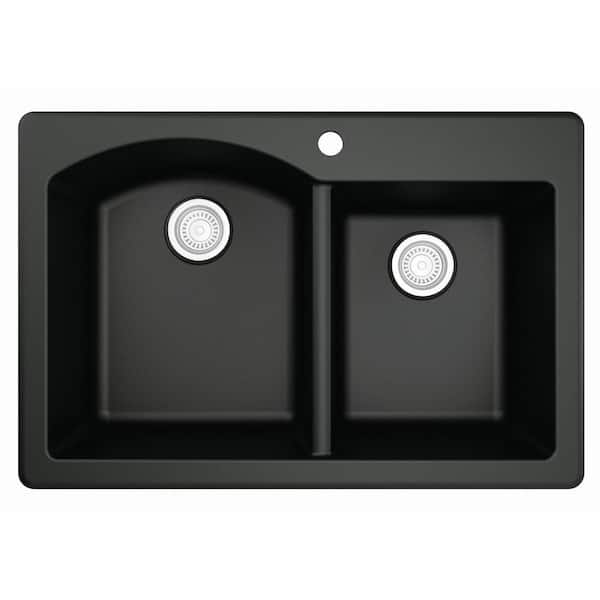 Drop-In Quartz Composite 33 in. 1-Hole 60/40 Double Bowl Kitchen Sink in Black