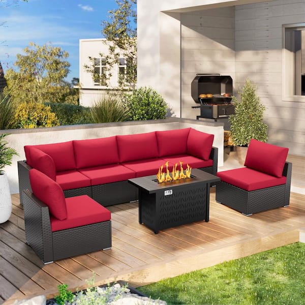 eVita 7 Pieces Rattan Patio Furniture Set with Red Cushion and 50000 BTU Steel Propane Fire Pit Table